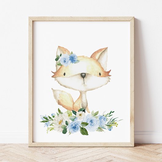 Baby Fox, Woodland Animals, Boho, Blue Flowers Foto Afdruk