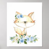 Baby Fox, Woodland Animals, Boho, Blue Flowers Poster (Voorkant)