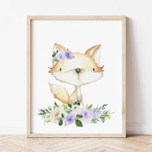 Baby Fox, Woodland Animals, Boho, Purple Flowers