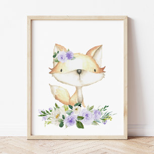 Baby Fox, Woodland Animals, Boho, Purple Flowers Foto Afdruk