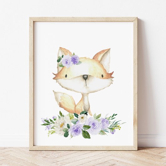 Baby Fox, Woodland Animals, Boho, Purple Flowers Poster