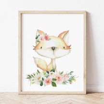 Baby Fox, Woodland Animals, Boho, Roze Flowers