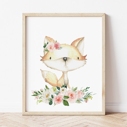 Baby Fox, Woodland Animals, Boho, Roze Flowers Foto Afdruk