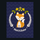 Baby Fox Wreath Personalized Nursery Artwork - Boy Poster<br><div class="desc">Nursery illustraties met een afbeelding van een baby vos in een lepel met een eikel,  bladeren en bloemen. Achtergrond is donkerblauw chevron patroon. Pas de naam aan.</div>