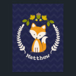 Baby Fox Wreath Personalized Nursery Artwork - Boy Poster<br><div class="desc">Nursery illustraties met een afbeelding van een baby vos in een lepel met een eikel,  bladeren en bloemen. Achtergrond is donkerblauw chevron patroon. Pas de naam aan.</div>