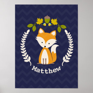 Baby Fox Wreath Personalized Nursery Artwork - Boy Poster