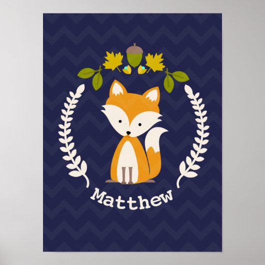Baby Fox Wreath Personalized Nursery Artwork - Boy Poster (Voorkant)