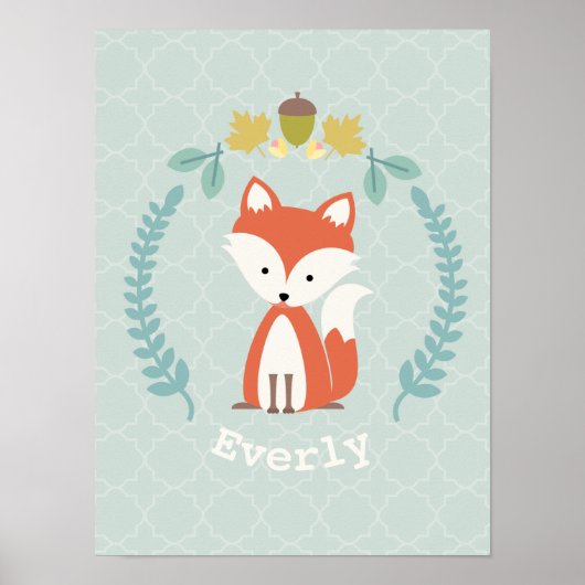 Baby Fox Wreath Personalized Nursery Artwork Poster (Voorkant)