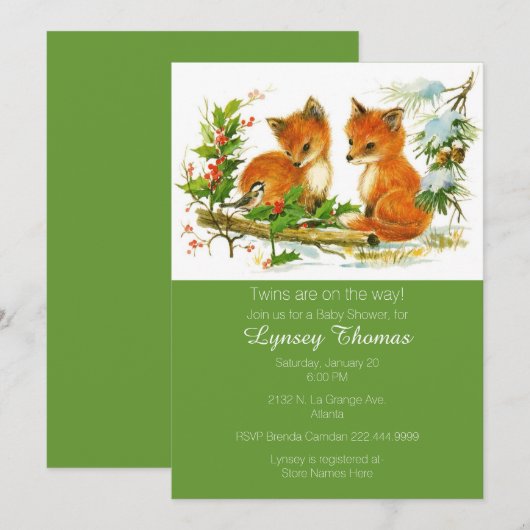 Baby Foxes Twins Baby shower Invitation Kaart (Voorkant / Achterkant)