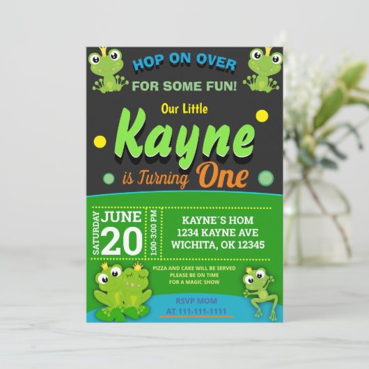 BABY FROG 1ST BIRTHDAY INVITATION SJABLOON KAART (Staand voorkant)