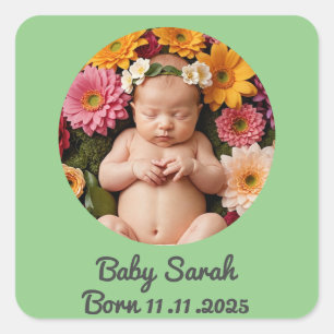 baby geboorte aankondiging foto en naam custom vierkante sticker
