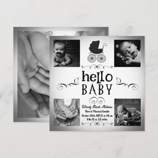 Baby Geboorte Foto Aankondiging Zwart & Wit Wagent (Voorkant / Achterkant)