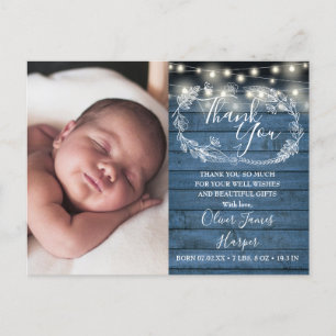 Baby Geboorte Foto Blauwe Houten Slinger Lichtjes Aankondigingskaart