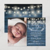 Baby Geboorte Foto Blauwe Houten Slinger Lichtjes  Aankondigingskaart (Voorkant / Achterkant)