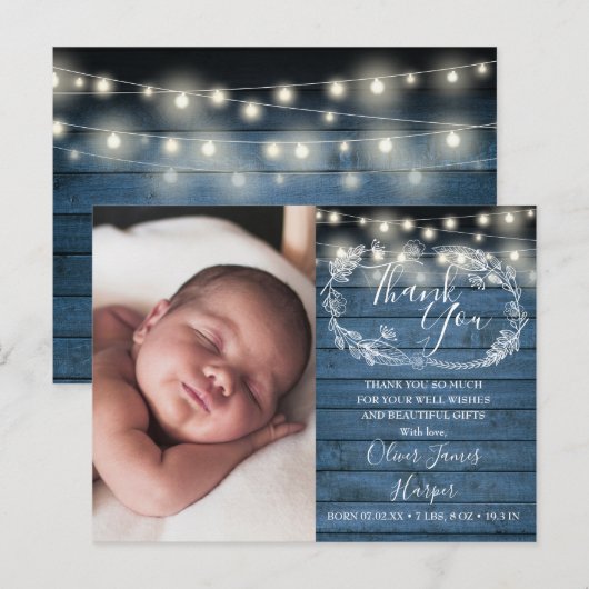 Baby Geboorte Foto Blauwe Houten Slinger Lichtjes  Aankondigingskaart (Voorkant / Achterkant)