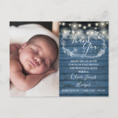 Baby Geboorte Foto Blauwe Houten Slinger Lichtjes  Aankondigingskaart (Voorkant)