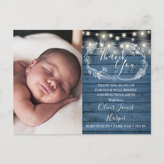 Baby Geboorte Foto Blauwe Houten Slinger Lichtjes  Aankondigingskaart (Voorkant)