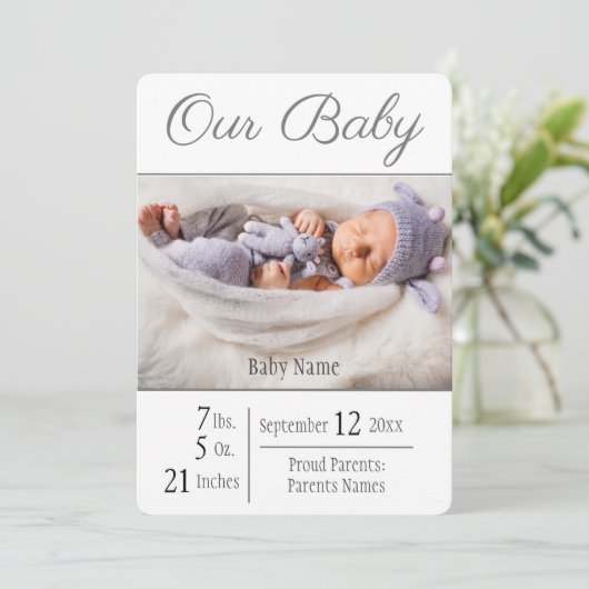 Baby geboorte Foto grijs Onze Baby Aankondiging (Staand voorkant)