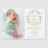 Baby Geboorte Foto Groene Bladeren Goud Bedankt  (Voorkant)