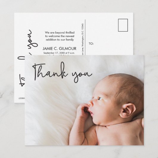 Baby geboorte Foto MODERN Script bedankt Aankondigingskaart (Voorkant / Achterkant)