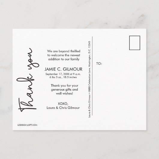 Baby geboorte Foto MODERN Script bedankt Aankondigingskaart (Achterkant)