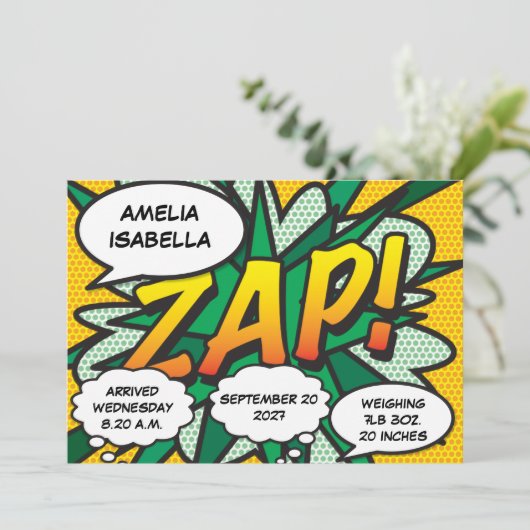 Baby Geboorte Statistieken Stripboek Pop Art Aanko Kaart (Staand voorkant)