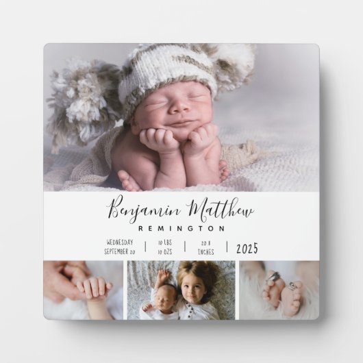 Baby Geboorte Statistieken Vier Foto Collage Plaqu Fotoplaat (Voorkant)