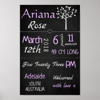 Baby geboorte Stats Custom Wall Print - Paarse kri