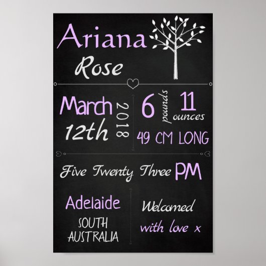 Baby geboorte Stats Custom Wall Print - Paarse kri (Voorkant)