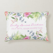Baby Geboorte Stats Meisje Naam Tropische Bloemen Accent Kussen (Voorkant)