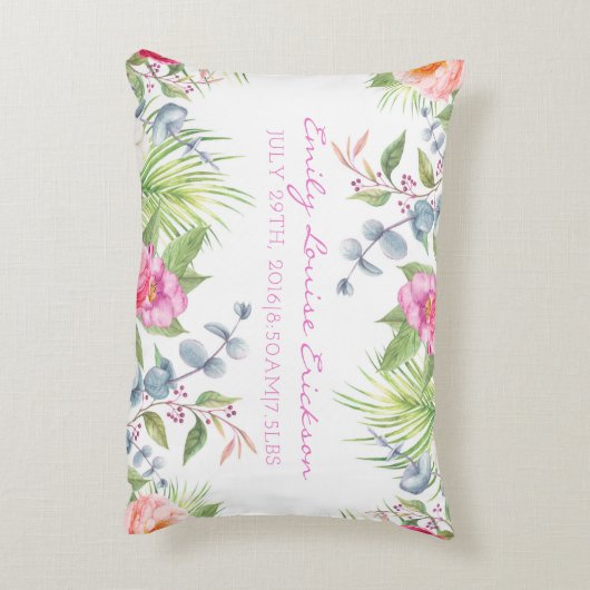 Baby Geboorte Stats Meisje Naam Tropische Bloemen Accent Kussen (Achterkant (Verticaal))