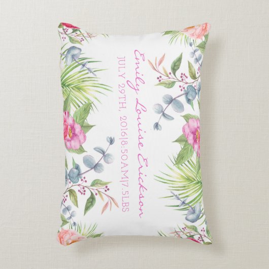 Baby Geboorte Stats Meisje Naam Tropische Bloemen Accent Kussen (Voorkant(Verticaal))