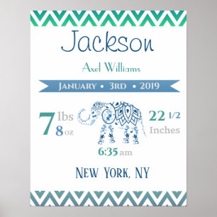 Baby geboorte Stats Sign Elephant Blue & Green Poster