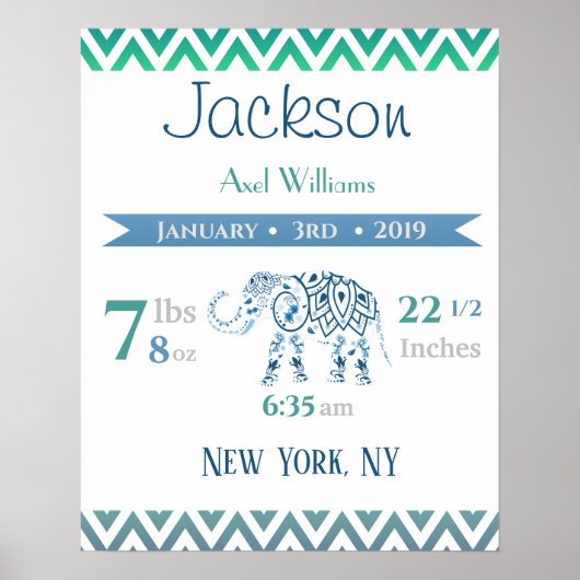 Baby geboorte Stats Sign Elephant Blue & Green Poster (Voorkant)