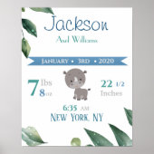 Baby geboorte Stats Sign Elephant Blue & Green Poster (Voorkant)