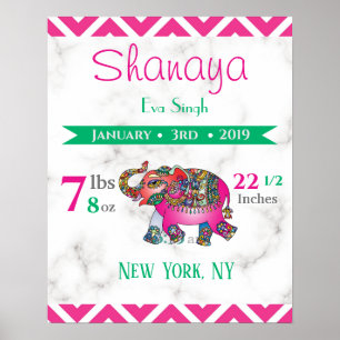 Baby geboorte Stats Sign Elephant Marble Pink & Gr Poster
