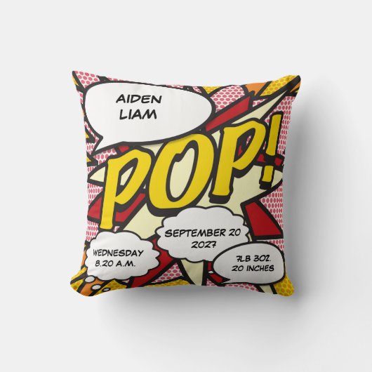 Baby Geboorte Stats Stripboek Pop Art Aandenken Kussen (Voorkant)