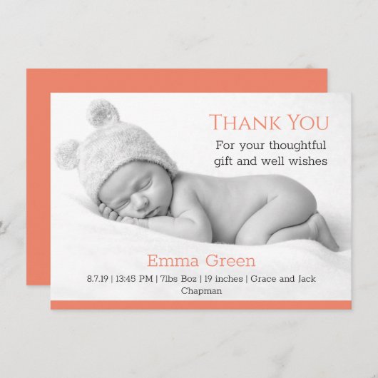 Baby geboorteaankondiging bedankt koraalKaart (Voorkant / Achterkant)