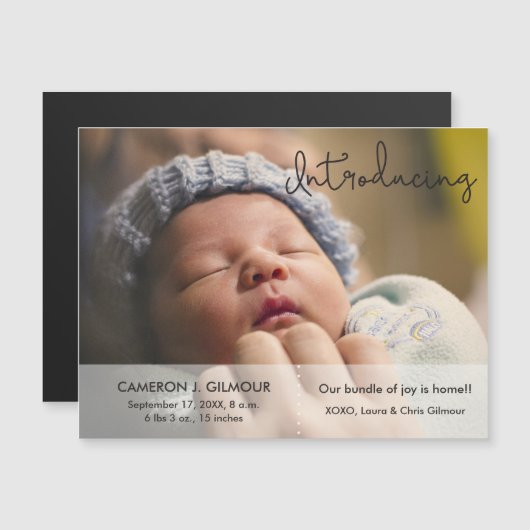 Baby Geboorteaankondiging Foto Introductie Script Magnetische Uitnodiging (Voorkant / Achterkant)