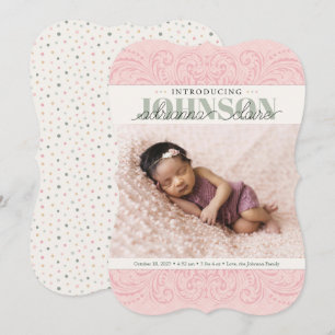 Baby Geboorteaankondiging Kaart, roze groen elegan Feestdagenkaart