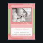 Baby Geboorteaankondiging Roze Polka Dots Aankondigingskaart<br><div class="desc">Dit kostbare briefkaart voor geboorteaankondigingen is ideaal om je vrienden en familie alles te laten weten over je nieuwe bundel van vreugde. Dit zijn briefkaarten, dus je kunt een stempel van 28 cent toevoegen en er een naar iedereen sturen! Als u het kleurenschema dat u wilt niet ziet, stuur me...</div>