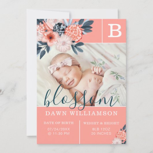 Baby Geboorteaankondiging | Roze Waterverf Flowers Aankondiging (Voorkant)