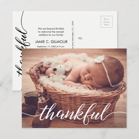 Baby Geboorteaankondiging, Thankful, Aangepaste fo Aankondigingskaart (Voorkant / Achterkant)