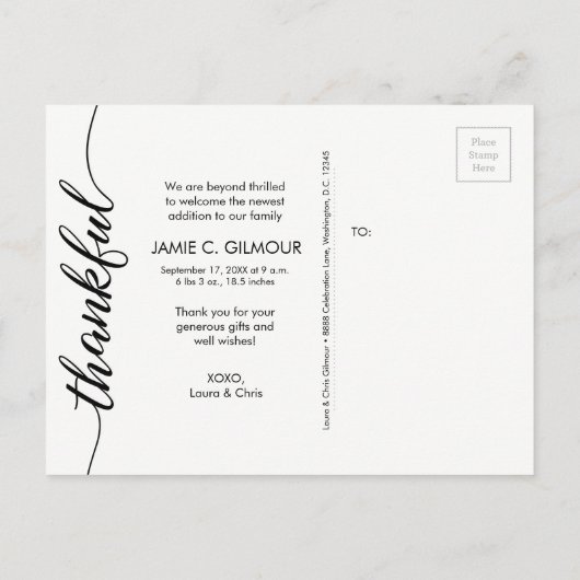 Baby Geboorteaankondiging, Thankful, Aangepaste fo Aankondigingskaart (Achterkant)