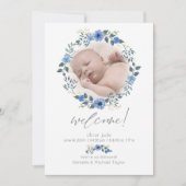 Baby Geboorteaankondiging | Waterverf Blauwe Flora Kaart (Voorkant)