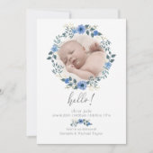 Baby Geboorteaankondiging | Waterverf Blauwe Flora Kaart (Voorkant)