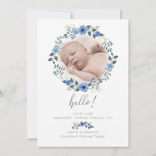 Baby Geboorteaankondiging | Waterverf Blauwe Flora Kaart (Voorkant)