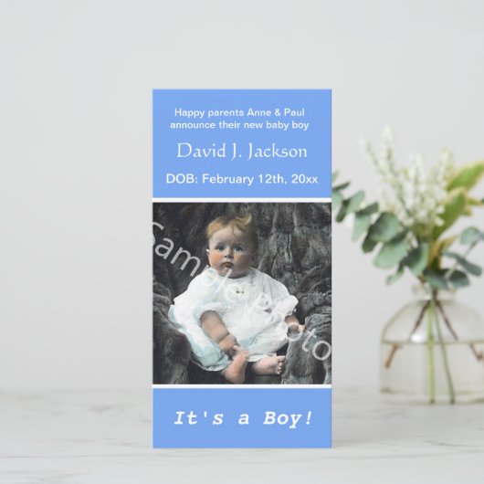 baby geboorteblauwe aankondiging. voeg je foto toe aankondiging (Staand voorkant)