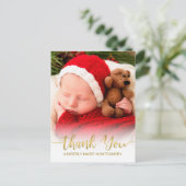 Baby Geboortefoto Gold Script Typografie Bedankt Feestdagenkaart (Staand voorkant)