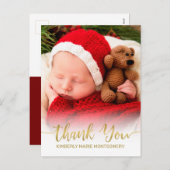 Baby Geboortefoto Gold Script Typografie Bedankt Feestdagenkaart (Voorkant / Achterkant)